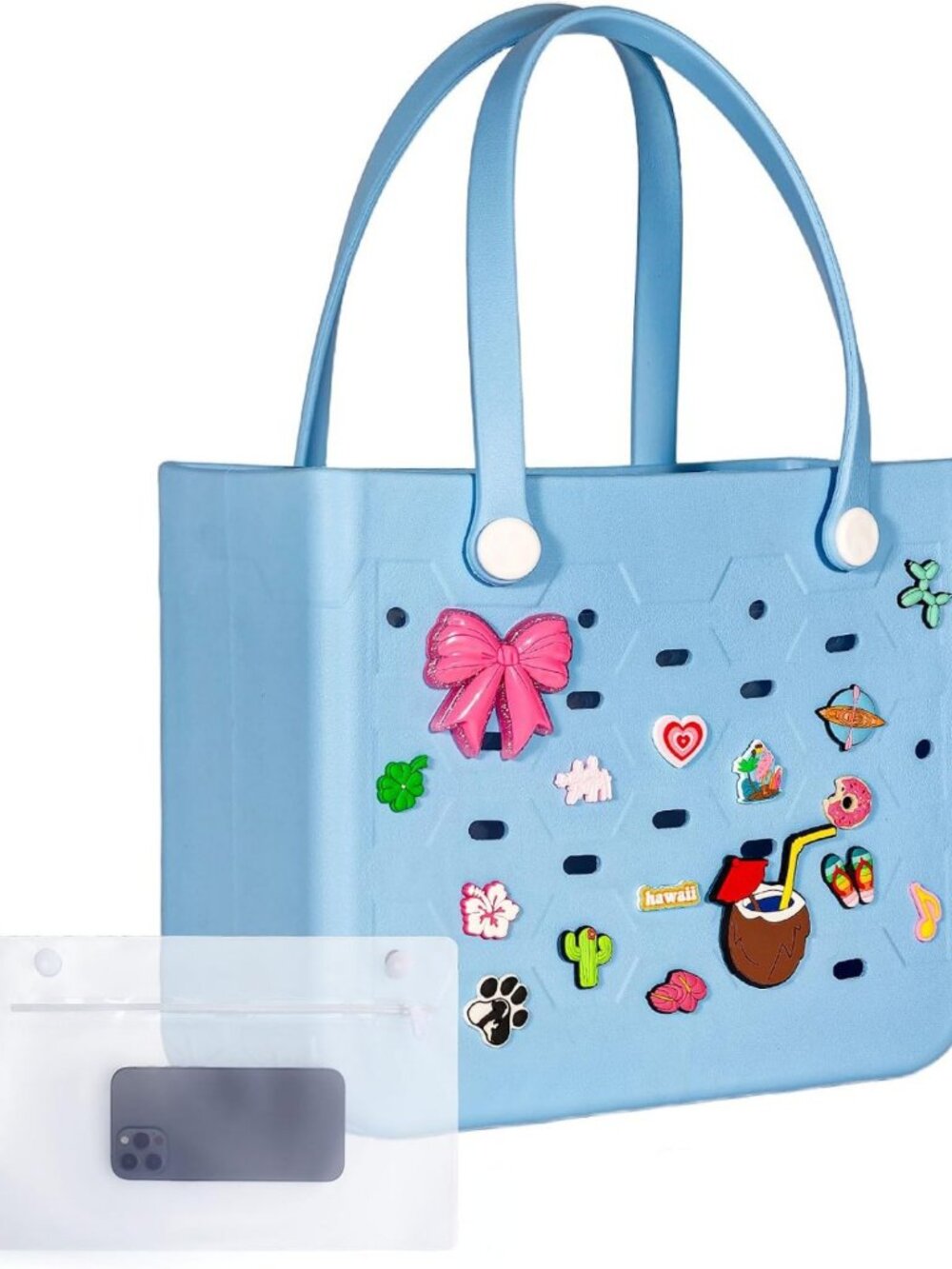 Sturdy Waterproof Beach Tote with Charms, EVA Pool Bag & Wet Pocket Organizer